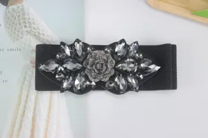 Black elastic waist belt for women with dazzling crystal rhinestones and central flower decor