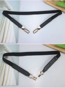 Close-up details of the black elastic waist belt featuring golden metal buckle closure for women daily wear.