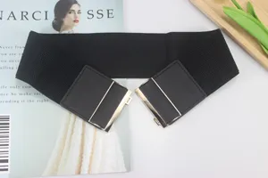 Cinturón elástico ancho negro para mujer, cinturón de vestido estirable con hebilla de metal elegante.