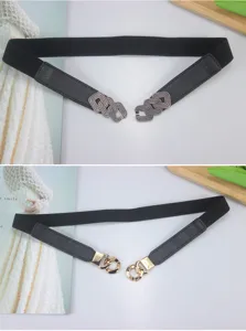 Women black elastic waist belt with metal buckle stretch thin belt dress decor.