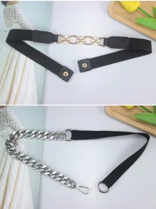 Detailed view of stylish women elastic waist belt with metal chain and flower buckle.