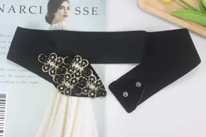 Black elastic waist belt for women with sparkling rhinestone flower buckle fashion dress accessory.