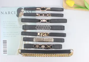 Stylish women's elastic stretch waist belt set with gold metal buckles for dresses shirts coats.