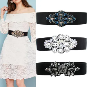Women Fashion Wide Elastic Cinch Belt Rhinestone Crystal Floral Buckle Waist Band Dress Down Jacket Accessories