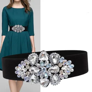 Women elastic rhinestone wide waist belt sparkly crystal dress decorative cincher black