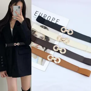 Cinturón de Cintura Elástico de Moda para Mujer de Cuero Sintético Fino con Hebilla de Doble Anillo de Aleación para Vestido Abrigo