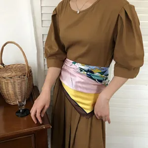Women's short sleeve puff top with colorful silk scarf stylish daily casual wear outfit