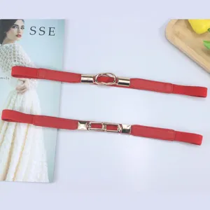 Red women elastic waist belt set, sleek skinny stretch belts with stylish metal buckles.