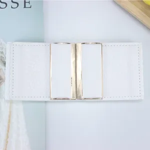 Mujer cinturón ancho elástico blanco con hebilla de metal dorado para vestido