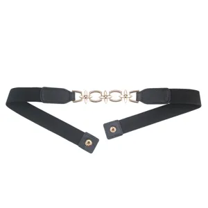 Women's black elastic waist belt with gold flower metal buckle for dresses and coats.