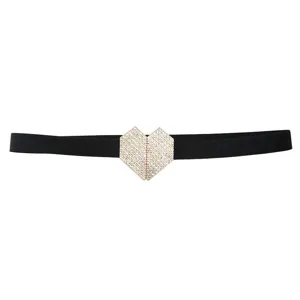 Cinturón elástico de mujer con hebilla corazón strass negro elegante cinturón decorativo