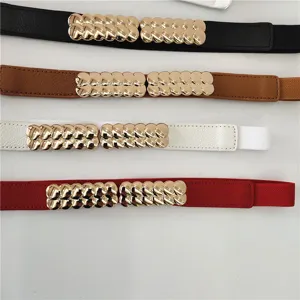 Women thin elastic waist belt with gold metal interlocking buckle retro dress accessory