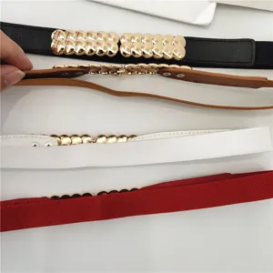 Detailed view of elastic waist belt with metal buckle, versatile dress decorative style.