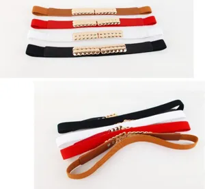 Women stretch elastic waist belt detail closeup, metal buckle retro design, four colors available.