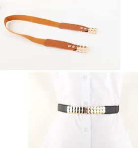 Women elastic waist belt with gold metal interlocking buckle vintage dress stretch belt