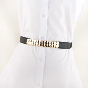 Women Retro Elastic Faux Leather Waist Belt Gold Metal Ring Buckle Decorative Skinny Dress Belt Fashion Accessories