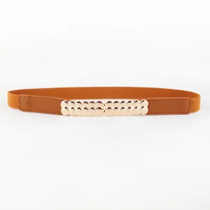 Brown elastic waist belt with gold metal circle buckle for women dress accessory main view.