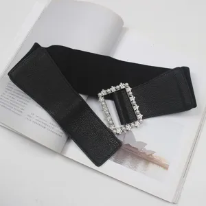 Ceinture élastique noire pour femme avec boucle rectangulaire en perles pour robe manteau