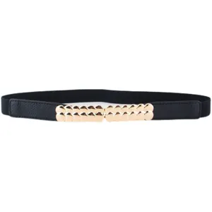 Women black elastic waist belt with stylish gold metal buckle dress accessory main view