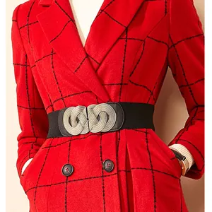 Cinturón elástico ancho vintage para mujer, hebilla de metal retro para vestido abrigo.