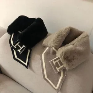 Winter warm cross plush scarf with letter H design, soft fashion neck warmer for women.