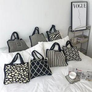 Sac cabriolet tricot mode hiver decontracte geometrique leopard pied de poule chic sac