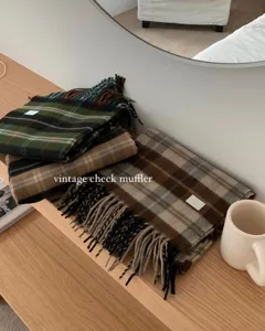 Bufanda de cuadros con flecos retro para mujer, comodo bufanda calida de otono invierno.