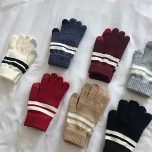 Winter warm knitted touchscreen gloves for women and men, classic double stripe design detail view