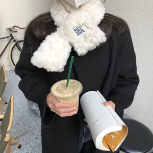 Korean style white fluffy cross scarf winter warm plush neck warmer cozy fashion loop scarf