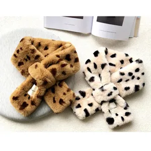 Winter plush faux fur cross scarf warm soft fuzzy neck warmer for women stylish animal print