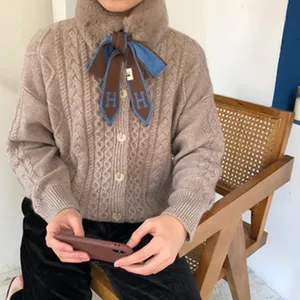 Cozy winter knitted cardigan with plush collar and stylish H letter printed ribbon scarf.