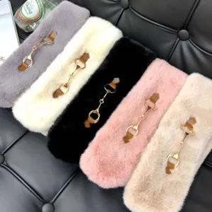 Plush fur scarf winter warm neck warmer with metal horsebit clasp detail in multi colors