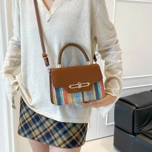 Fashionable spliced shoulder bag with colorful woven texture, compact square handbag for women.