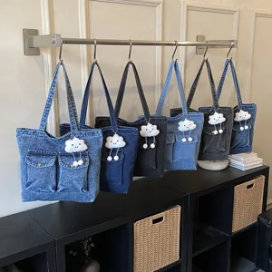 Women Denim Tote Bag Large Capacity Casual Shoulder Bag Washable Handbag With Multiple Pockets Daily Commuting School Bag