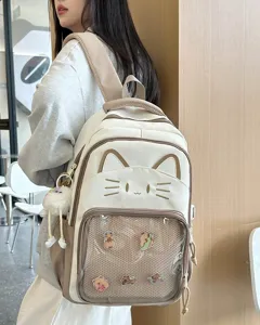 Detailansicht eines süßen Katzenohr-Rucksacks mit transparenter Fronttasche für Schülerinnen.
