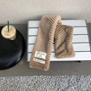 Cozy winter plush scarf with trendy fabric label, soft warm khaki neck warmer for women.