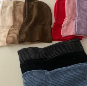 Knitted balaclava hood scarf winter women warm pullover one-piece hat snap button detail