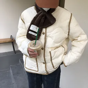 Cozy winter plush scarf and quilted jacket set, stylish warm brown faux fur neck warmer for women.