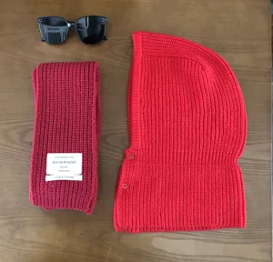 Red knitted balaclava hooded scarf set winter warm thick woolly cap with snaps detail.