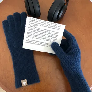 Dunkelblaue Wollstrick Damen Handschuhe, Fünf-Finger Touchscreen Design, warme Winterhandschuhe.