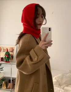 Red knitted balaclava hood scarf winter warm fleece-lined hooded cap for women stylish