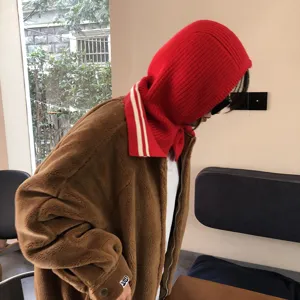 Winter women knitted balaclava hood and brown fleece jacket stylish warm casual apparel set