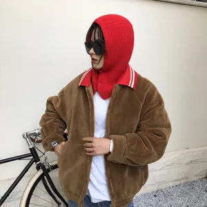 Winter knitted balaclava red one-piece hat with fleece jacket for women warm stylish daily wear.