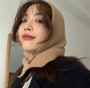 Women winter cozy knit balaclava hooded scarf, stylish thermal neck warmer and fleece beanie hat.