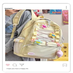Zaino stile coreano con tasche e coulisse, borsa casual per la scuola con ciondoli in peluche.