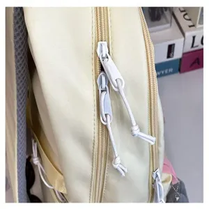 Vista ravvicinata dei dettagli di uno zaino casual beige con doppie cerniere e coulisse bianche.