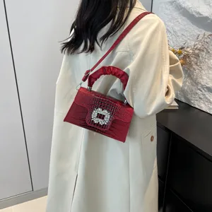 Red chic crocodile pattern shoulder handbag with stunning rhinestone square buckle.