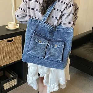 Women denim large capacity shoulder bag casual tote handbag commuting student daily bag