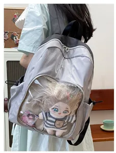 Grey transparent ita backpack for women students, casual school bookbag with doll window.