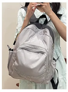 Fashion silver-grey contrast backpack for women, casual daily school bag with metal chain.